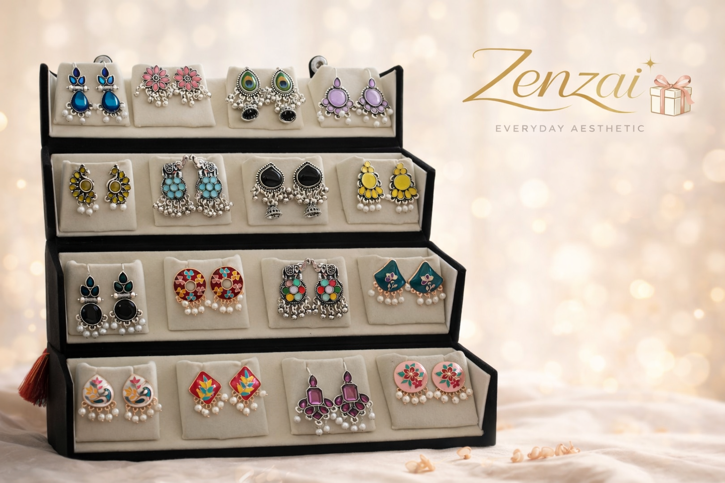 Zenzai 16-pair jhumka earrings organizer displayed on a premium three-tier black stand with soft beige luxury background and Zenzai logo branding.