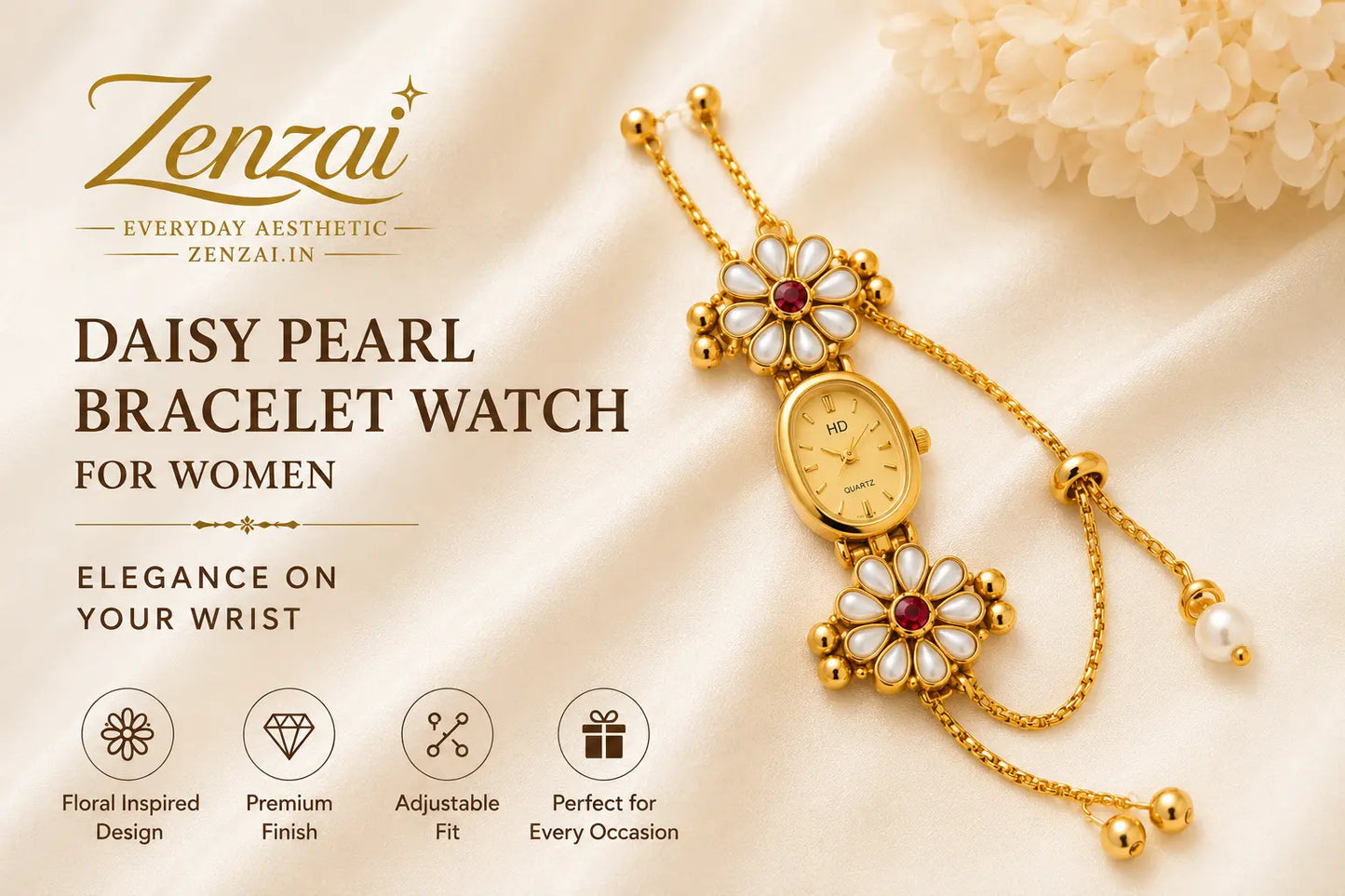 Zenzai Daisy Pearl Bracelet Watch for Women | Gold Analog Watch