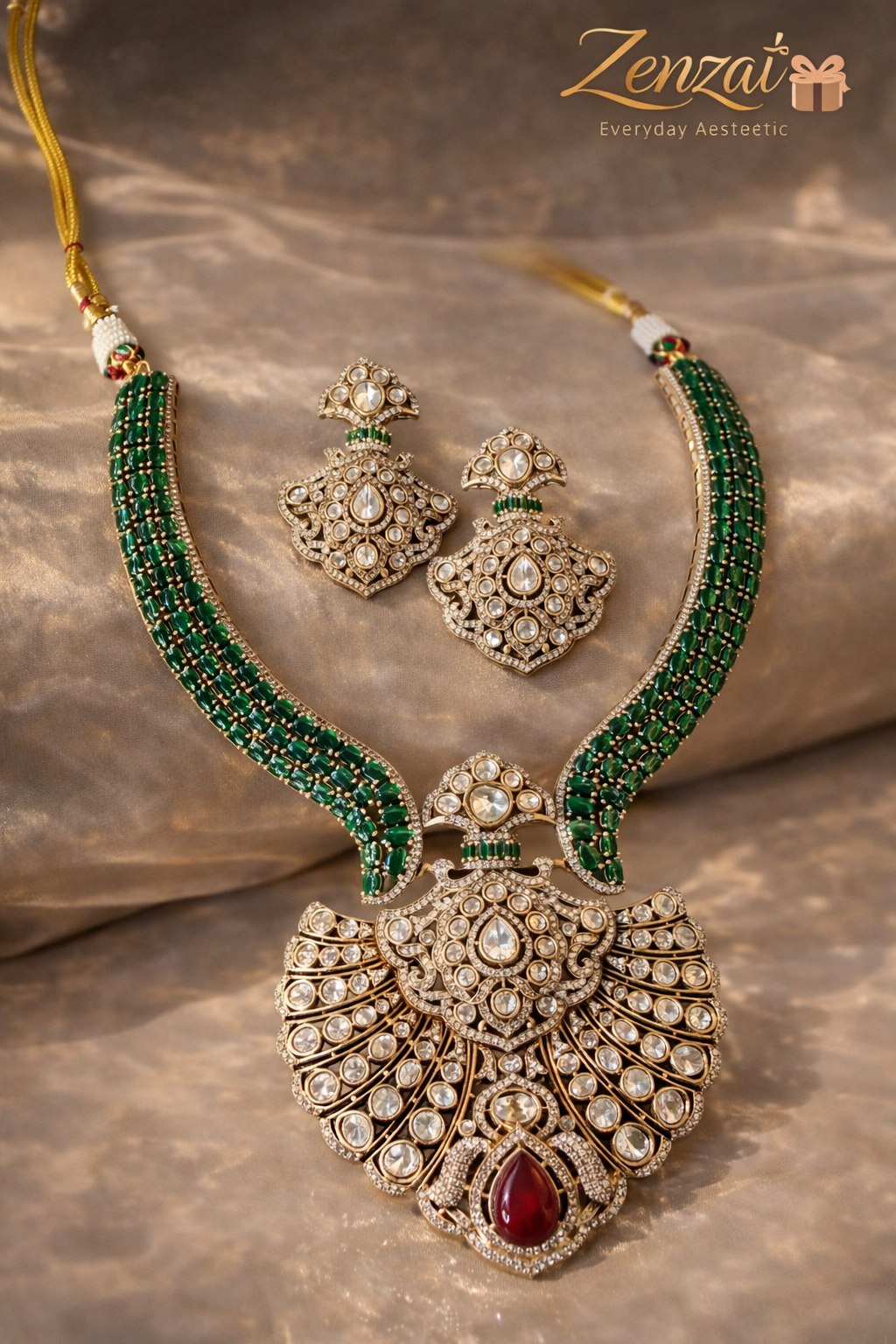 Zenzai green polki necklace set with fan-shaped pendant, ruby accent, green beaded chain and pearl drop earrings styled on a soft fabric background