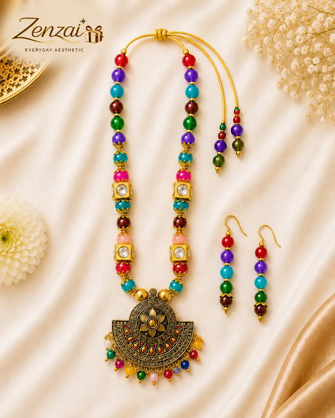 Zenzai Navrang Mandala Pendant Necklace Set with Earrings