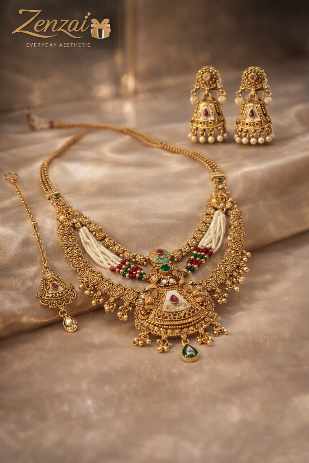 Bridal Zenzai temple jewellery set featuring pearl choker, gemstone pendant, jhumka earrings and maang tikka