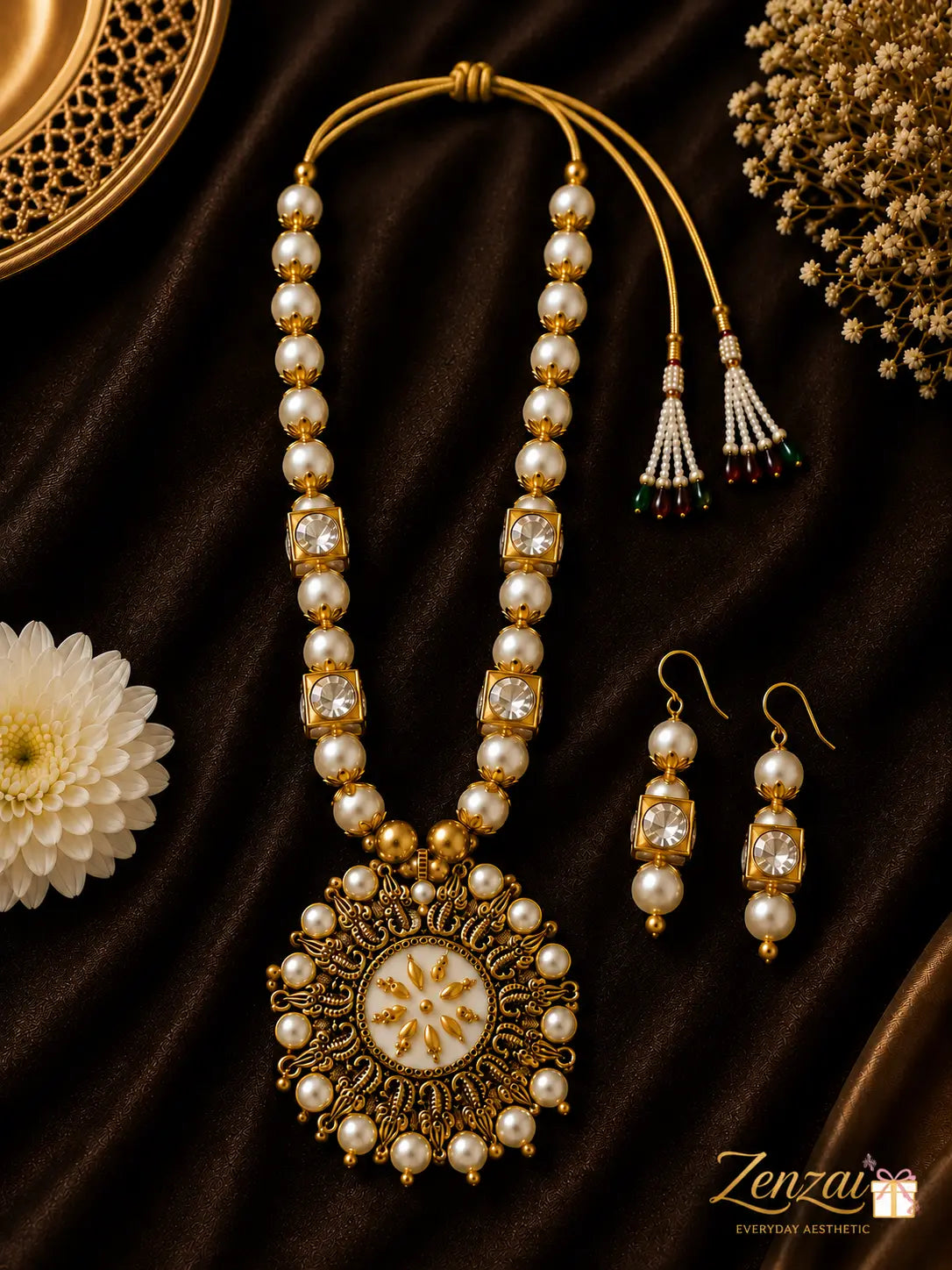 Zenzai Rajsi Pearl Mandala Pendant Set with Earrings | Royal Ethnic Jewelry for Women