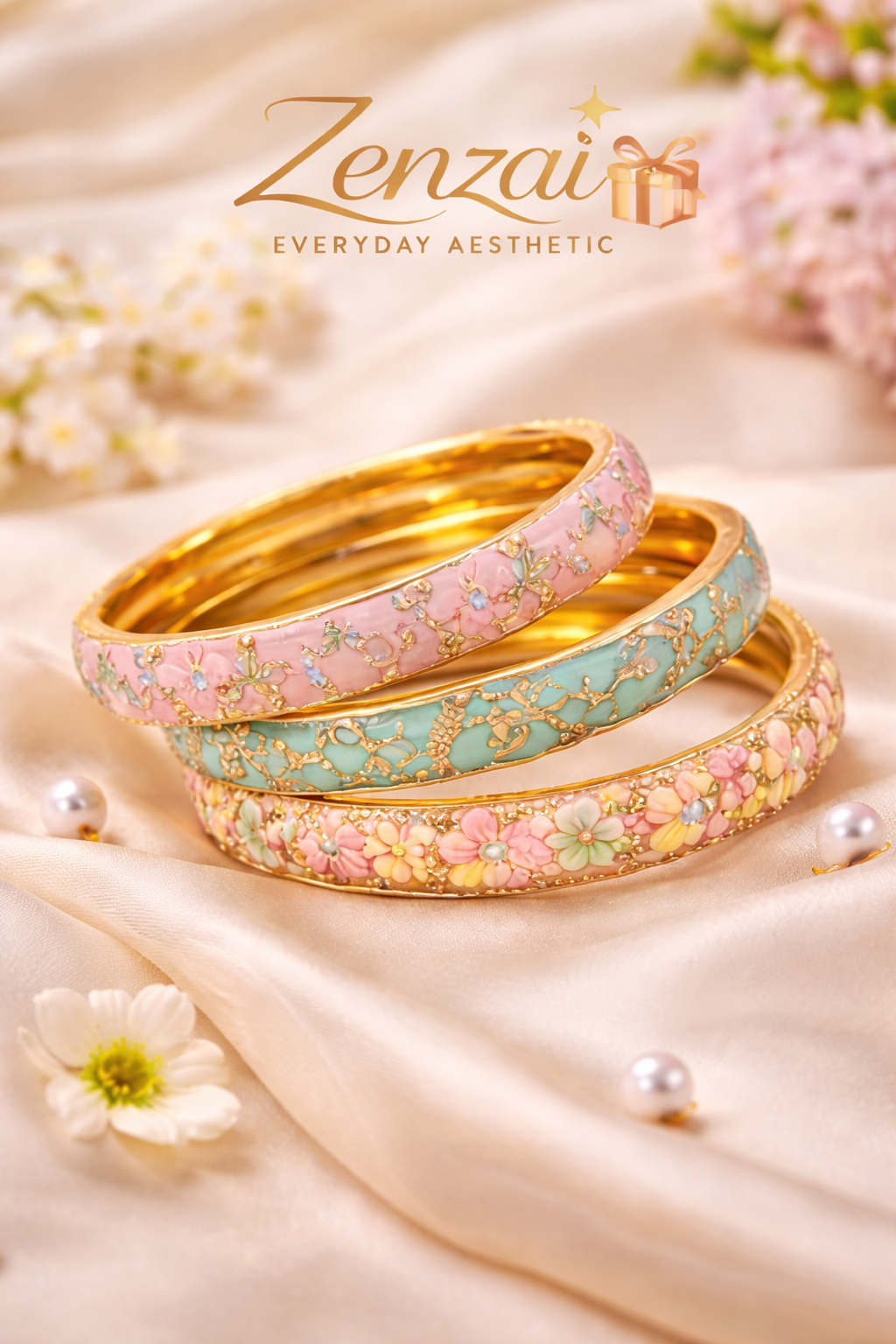 Pastel enamel floral gold-tone bangle set with pink and mint detailing for elegant everyday and festive styling