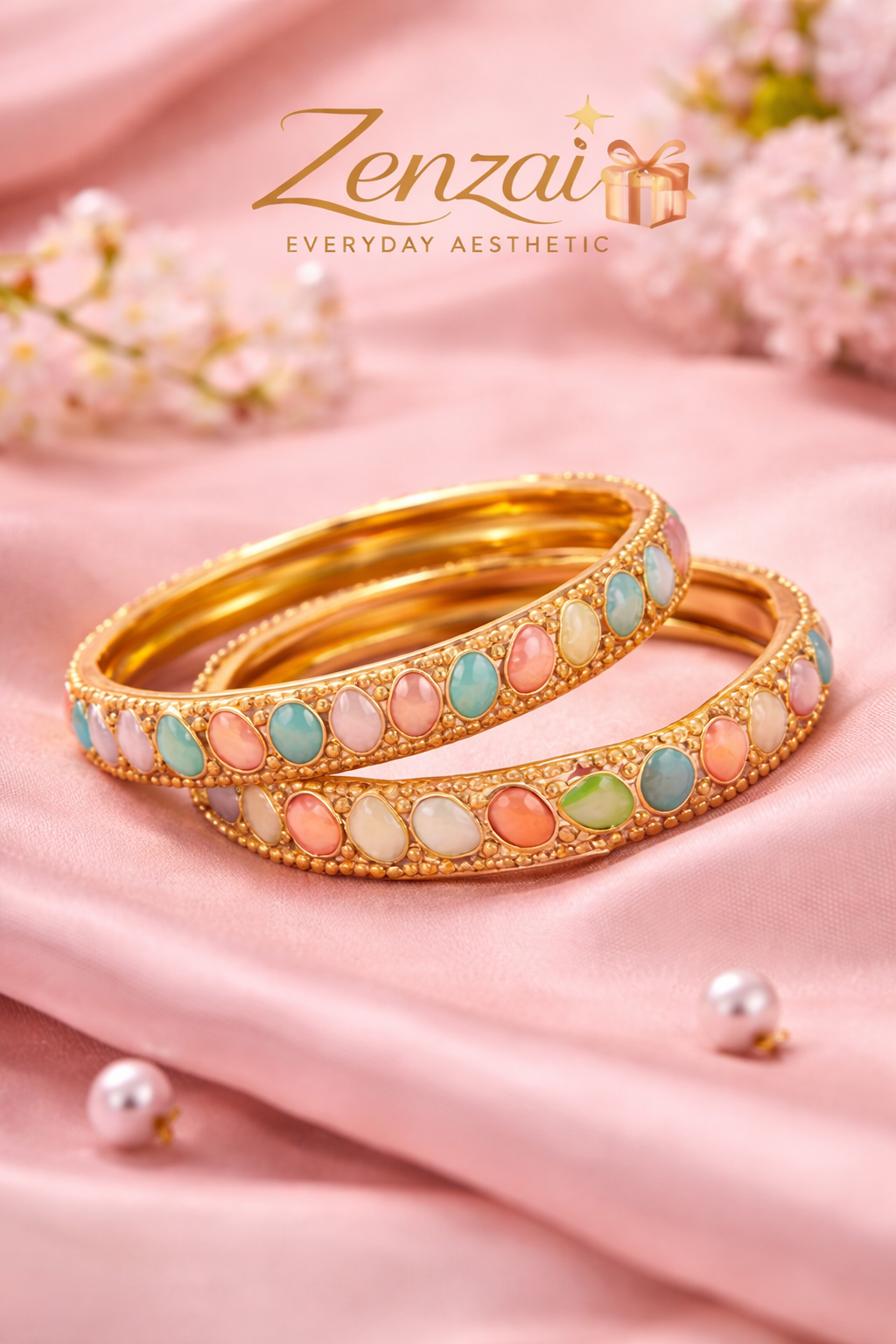 Pastel multicolor kundan gold-tone bangles pair with soft pink, mint and ivory stones for elegant festive wear