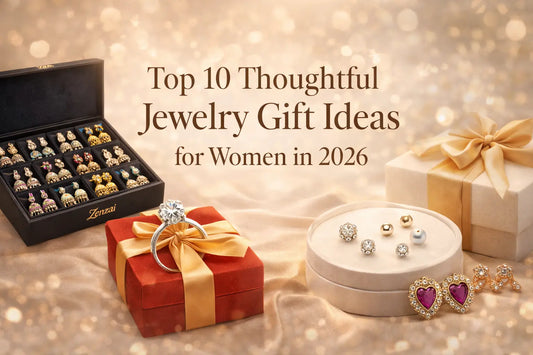 top jewelry gift ideas for women 2026 featuring Zenzai jhumka earrings gift box, oxidized earrings set and romantic gift options for her