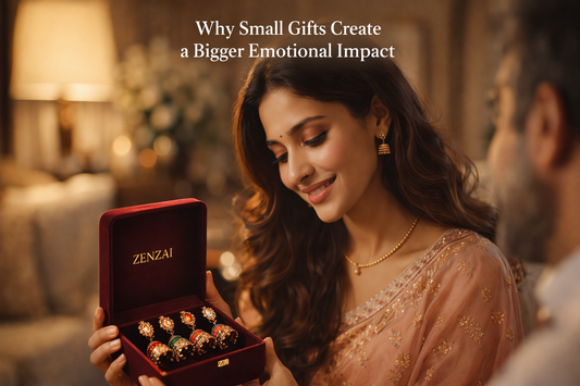 Indian woman smiling while opening a premium Zenzai jewelry box with jhumka earrings, showcasing a thoughtful and emotional gifting moment