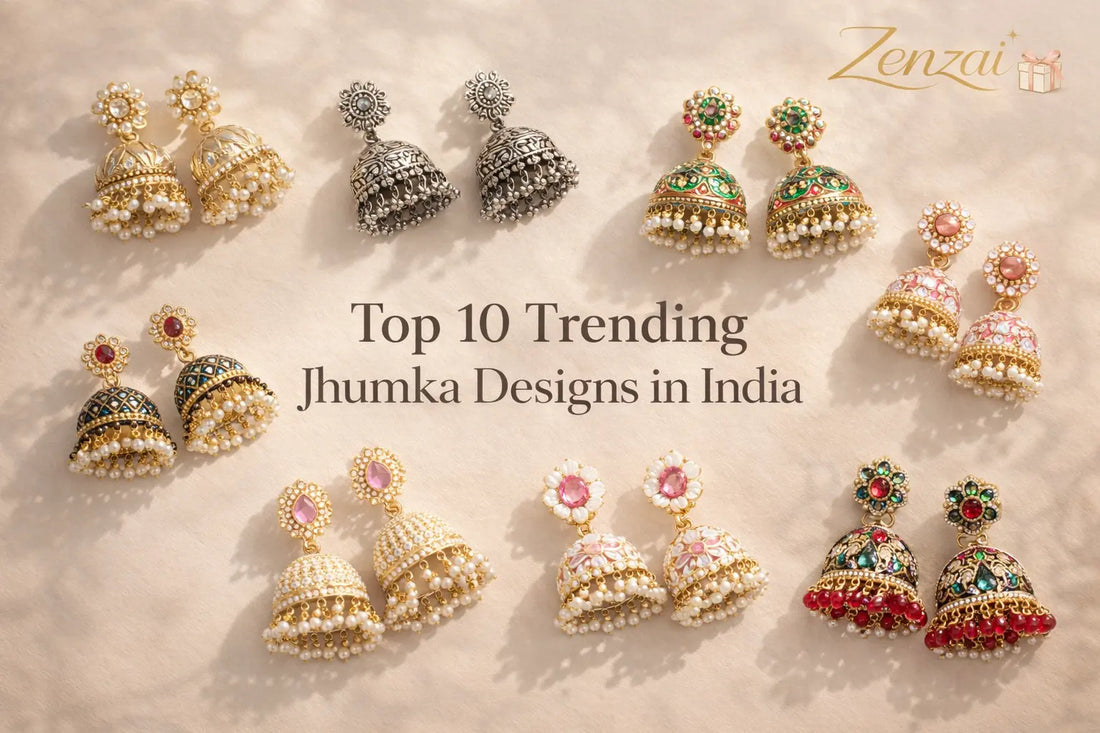 Top 10 trending jhumka designs in India including meenakari, oxidized silver, pearl and stone jhumka earrings