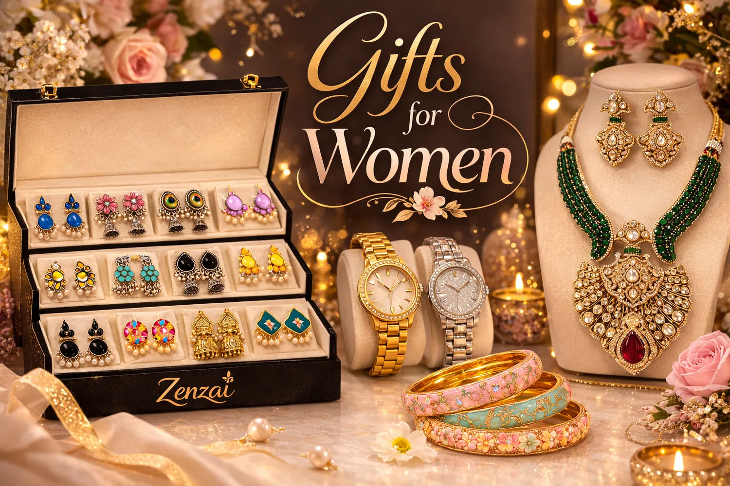Premium jewellery gifts for women including jhumka earrings and elegant gift boxes by Zenzai