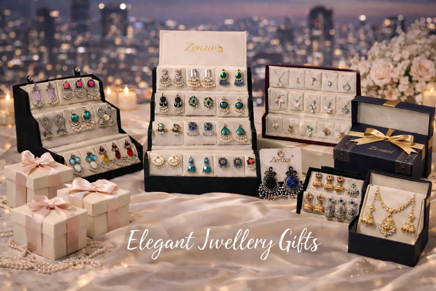 Elegant jewellery gifts including jhumka earrings and necklace set in premium gift box by Zenzai