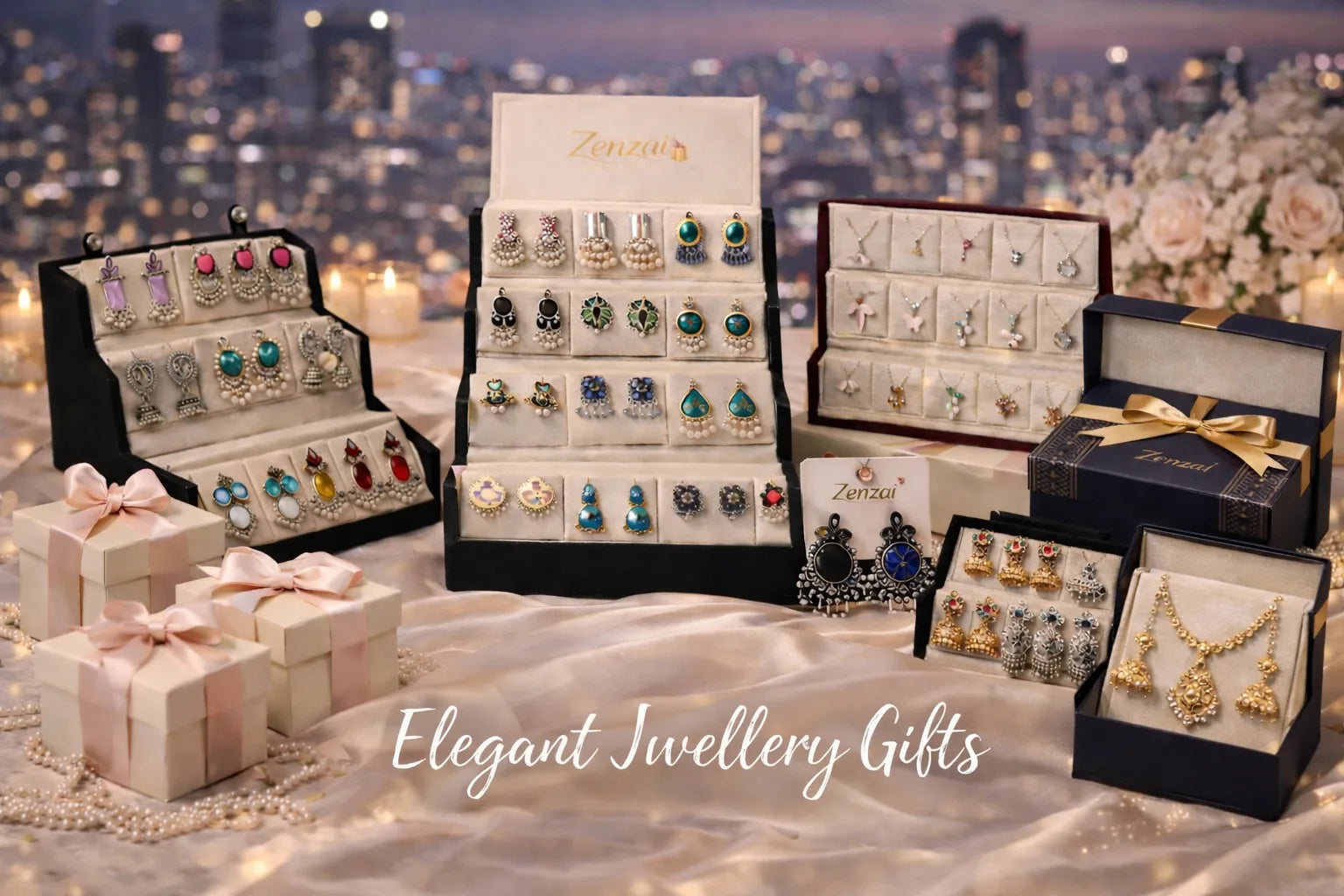 Elegant jewellery gifts including jhumka earrings and necklace set in premium gift box by Zenzai