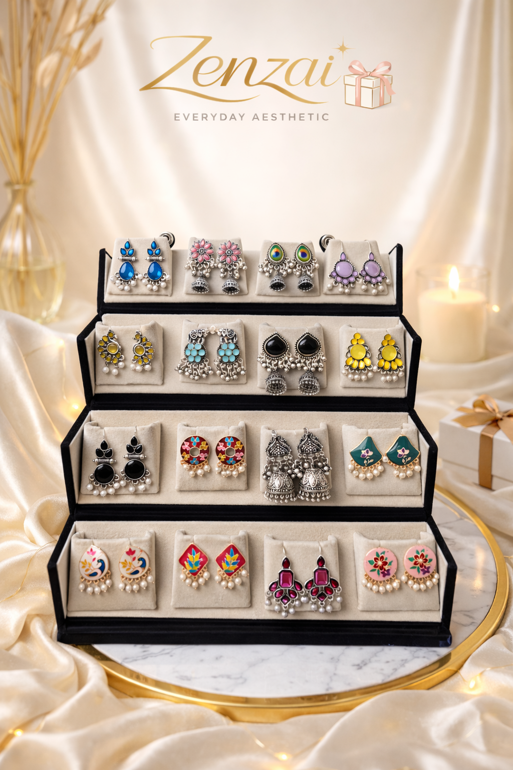 Zenzai 16-pair jhumka earrings organizer displayed on a premium three-tier stand with soft beige luxury background, candle décor, and gold aesthetic branding.