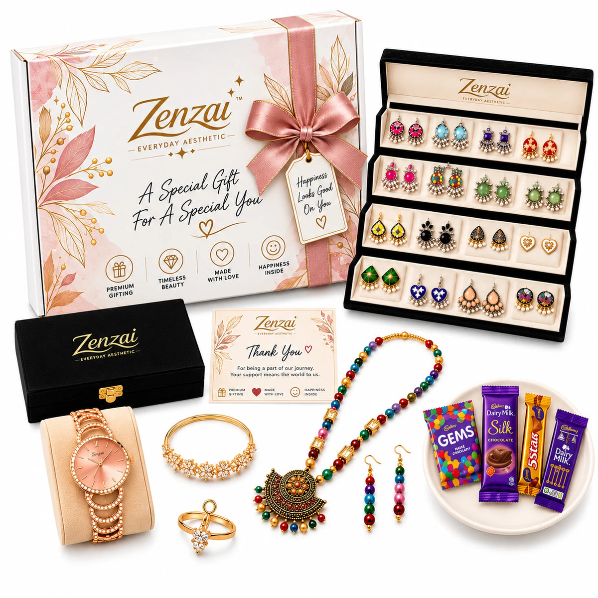 Zenzai Premium Gift Hamper for Mother, Wife, Sister or Girlfriend | Kashmiri Watch, Necklace, Kada, Earrings, Jhumka Box & Chocolates