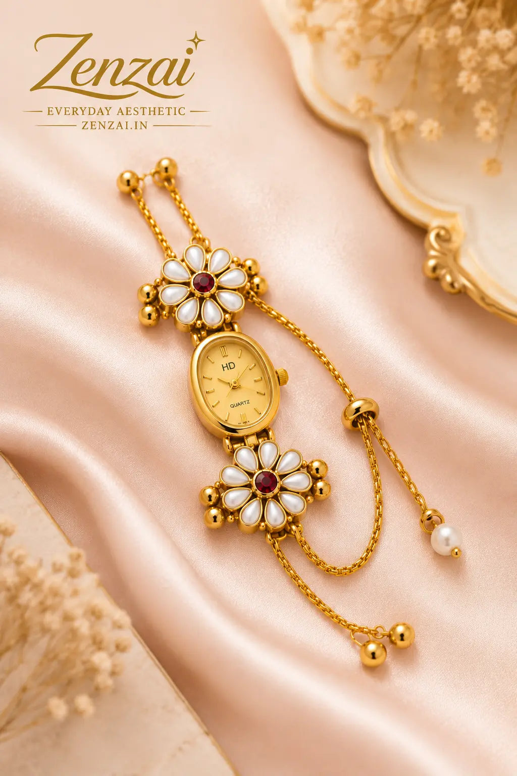 Zenzai Daisy Pearl Bracelet Watch for Women | Gold Analog Watch