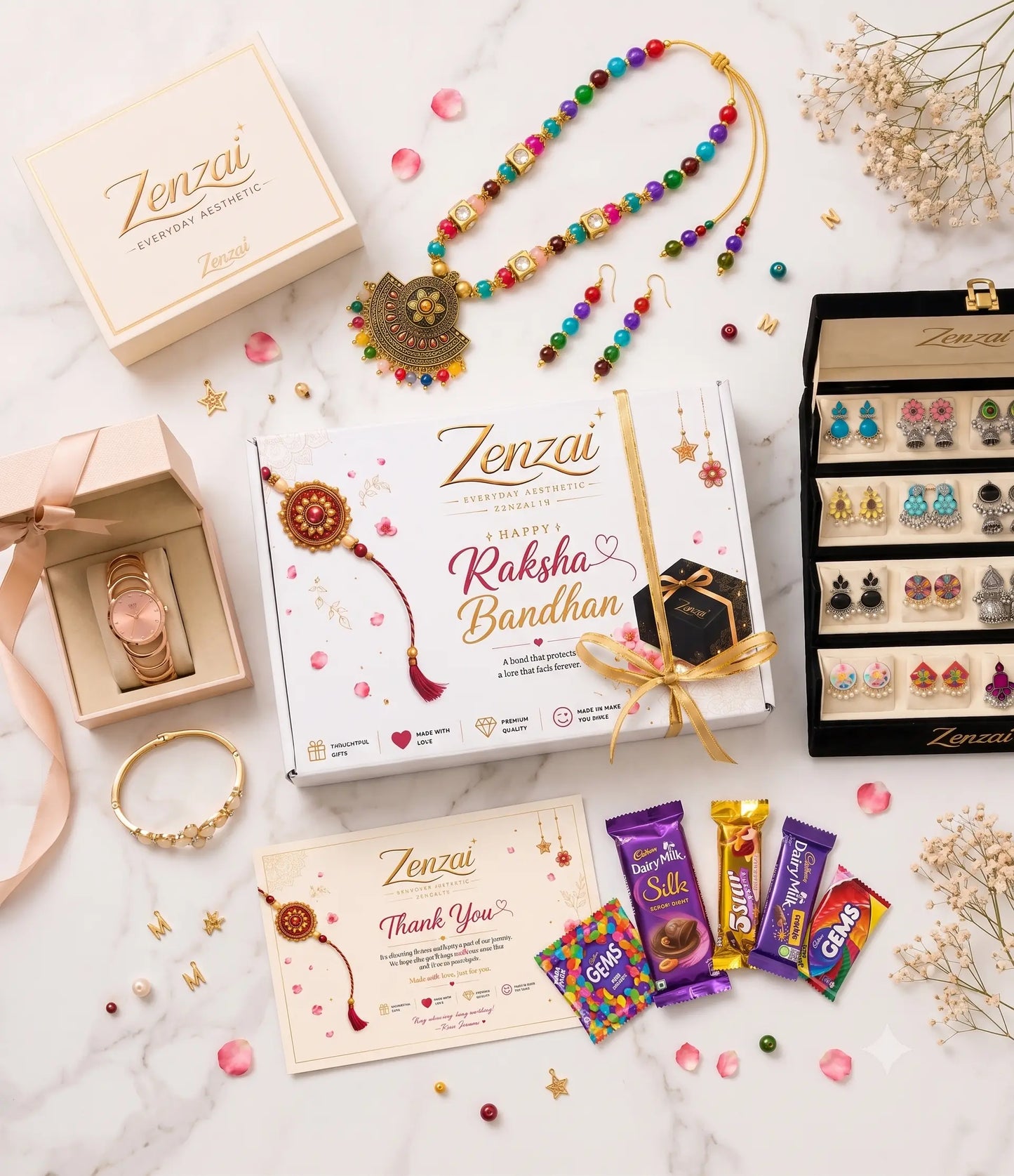 Zenzai Premium Raksha Bandhan Gift Hamper for Sister | Kashmiri Watch, Necklace, Kada, Earrings, Jhumka Box & Chocolates