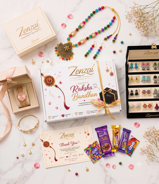 Zenzai Premium Raksha Bandhan Gift Hamper for Sister | Kashmiri Watch, Necklace, Kada, Earrings, Jhumka Box & Chocolates