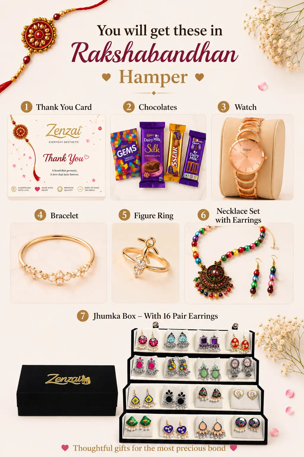 Zenzai Premium Raksha Bandhan Gift Hamper for Sister | Kashmiri Watch, Necklace, Kada, Earrings, Jhumka Box & Chocolates
