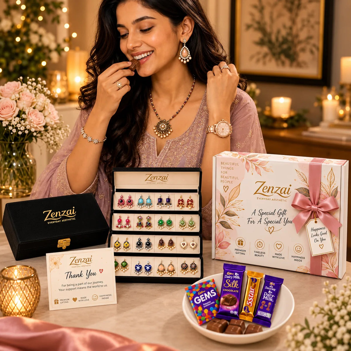 Zenzai Premium Gift Hamper for Mother, Wife, Sister or Girlfriend | Kashmiri Watch, Necklace, Kada, Earrings, Jhumka Box & Chocolates