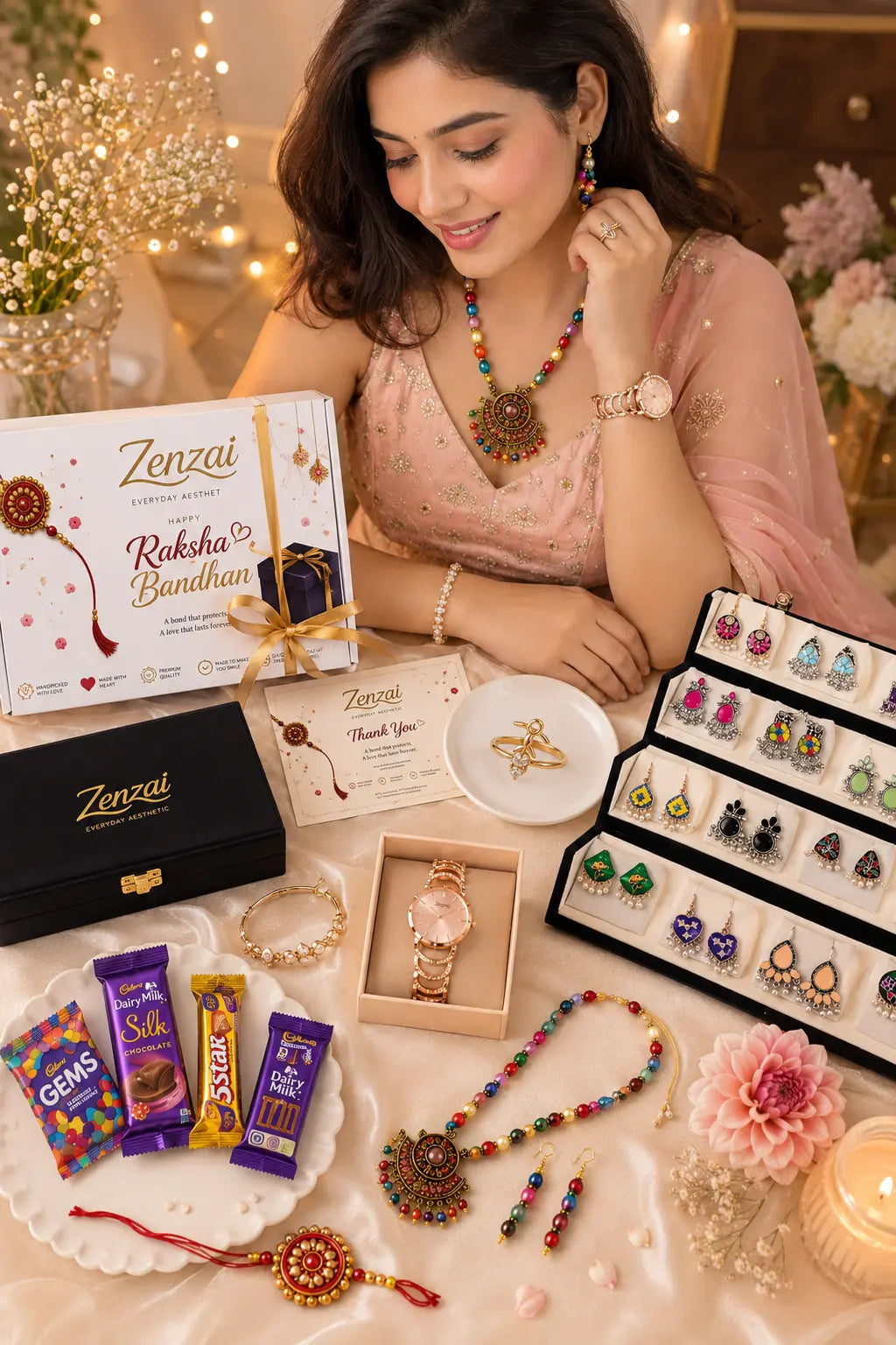 Zenzai Premium Raksha Bandhan Gift Hamper for Sister | Kashmiri Watch, Necklace, Kada, Earrings, Jhumka Box & Chocolates