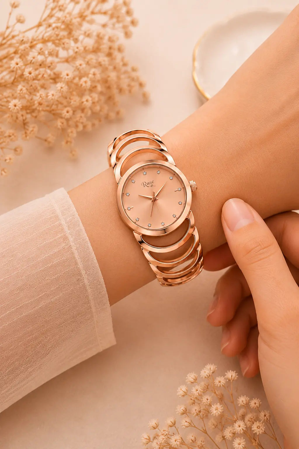 Zenzai Luna Rose Gold Cuff Bracelet Watch for Women with elegant minimalist analog dial on a luxurious satin background
