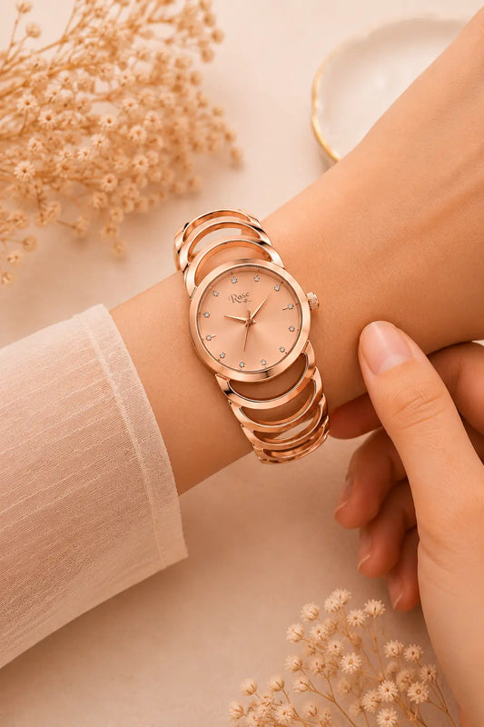 Zenzai Luna Rose Gold Cuff Bracelet Watch for Women with elegant minimalist analog dial on a luxurious satin background