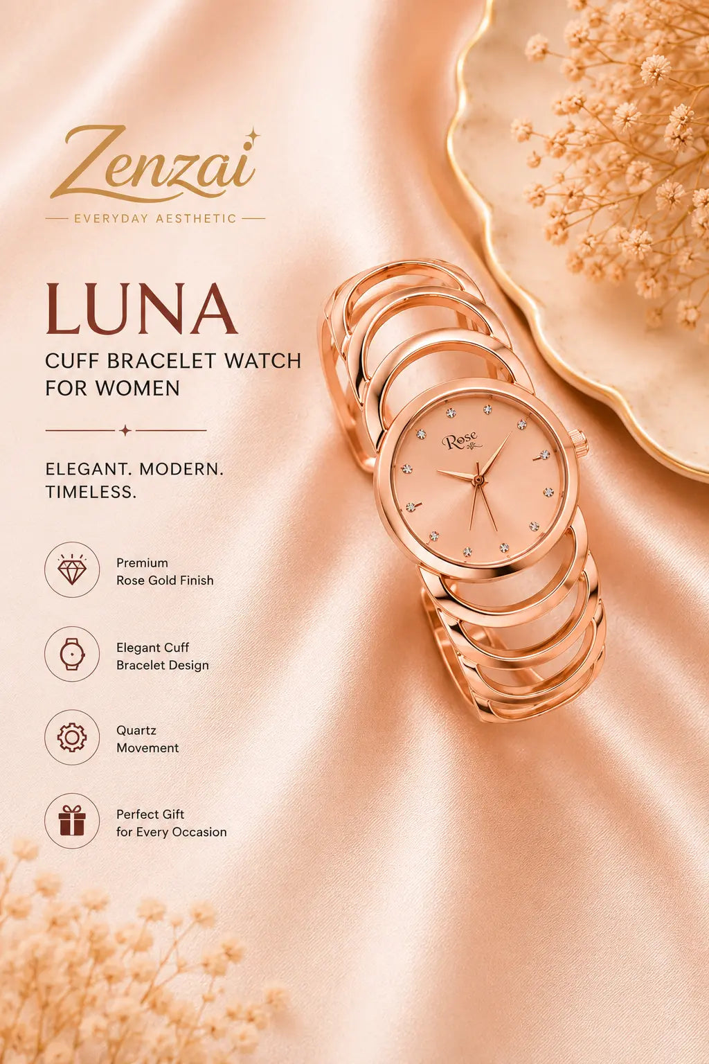 Elegant rose gold cuff bracelet watch for women with minimalist analog dial by Zenzai displayed on champagne satin fabric