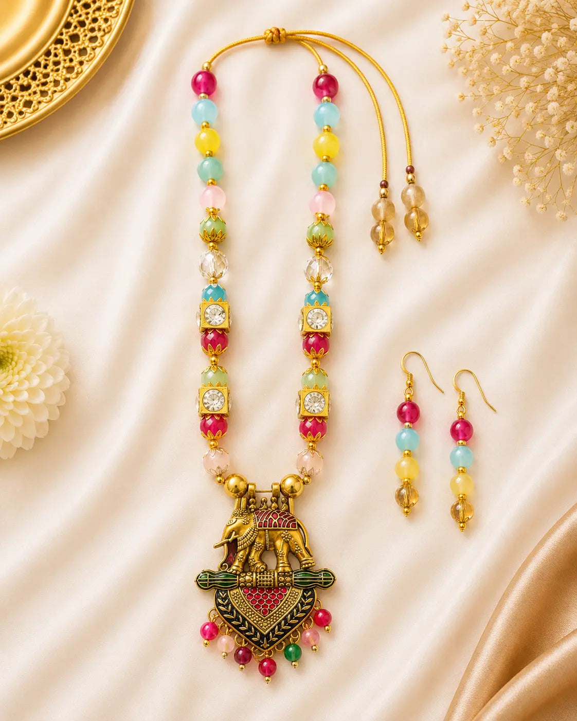 Multicolor Elephant Pendant Necklace Set