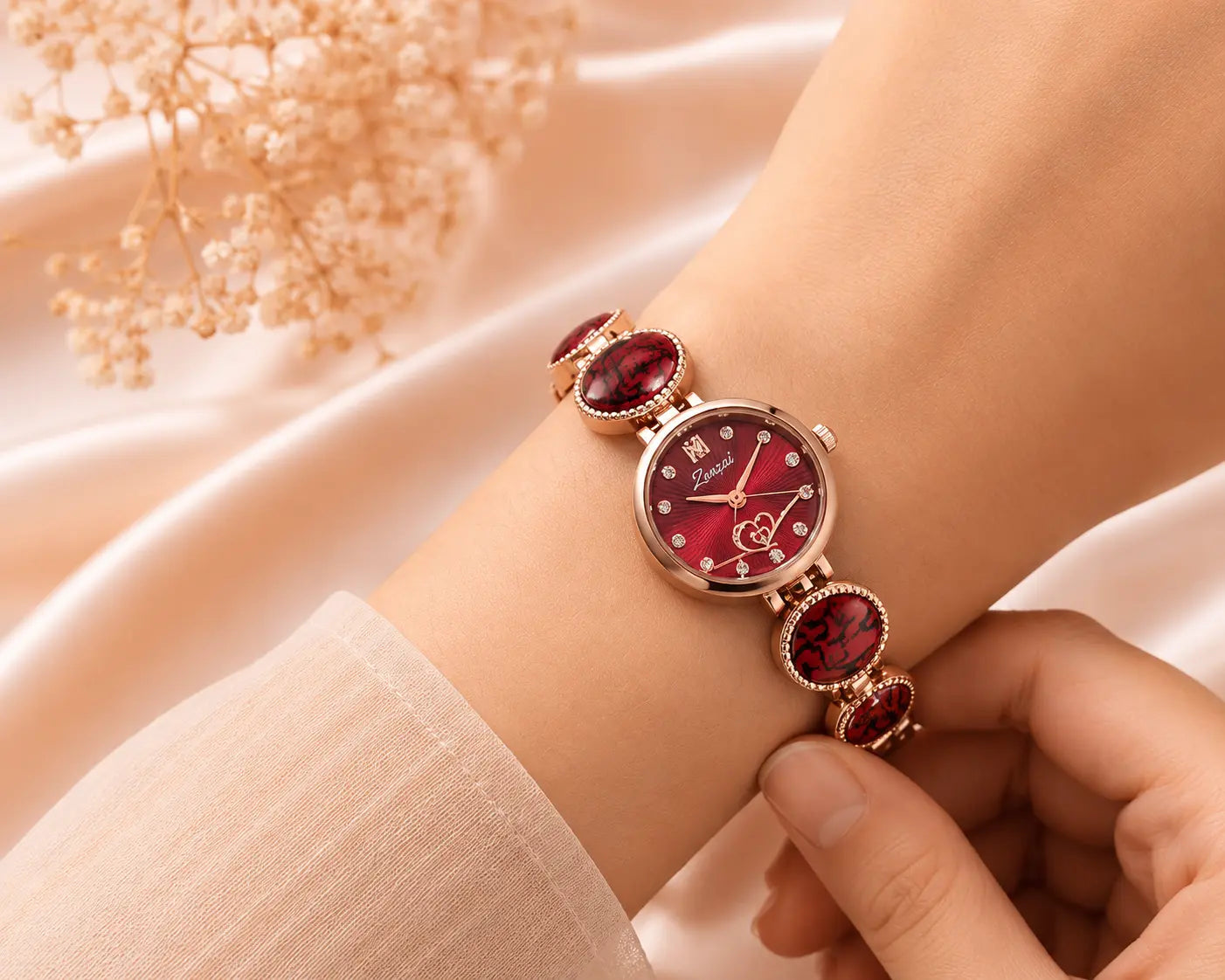 Elegant rose gold bracelet watch for women with ruby gemstone accents and burgundy analog dial by Zenzai