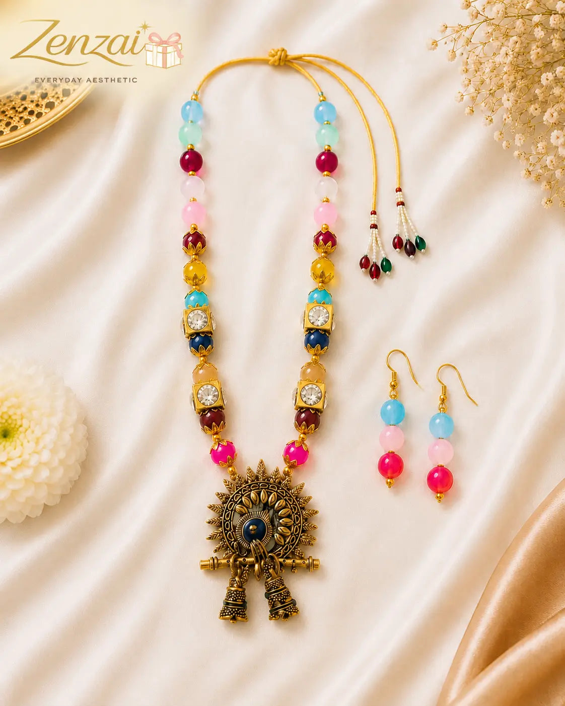 Zenzai Navrang Krishna Bansuri Pendant Necklace Set with Earrings | Multicolor Ethnic Jewelry for Women