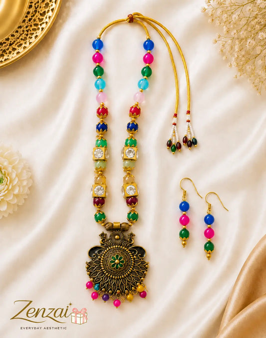 Zenzai Navrang Mayur Pendant Necklace Set with Earrings | Multicolor Ethnic Jewelry for Women