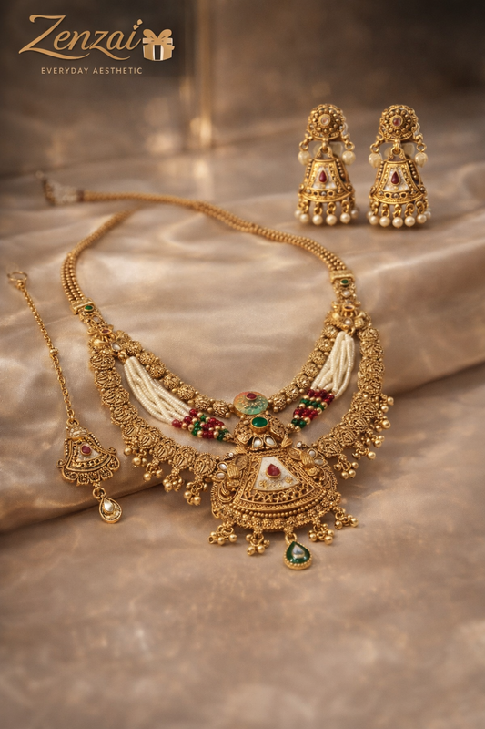 Bridal Zenzai temple jewellery set featuring pearl choker, gemstone pendant, jhumka earrings and maang tikka
