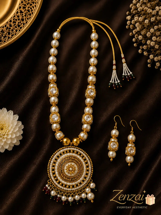Zenzai Rajsi Pearl Chakra Pendant Set with Earrings | Royal Ethnic Jewelry for Women