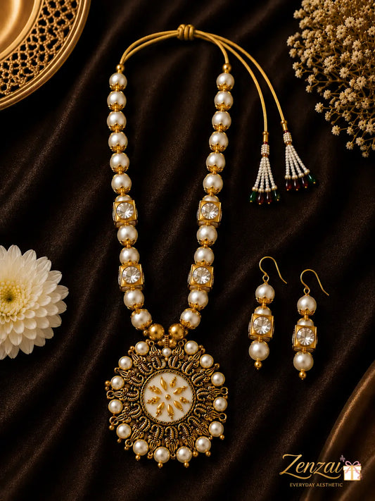 Zenzai Rajsi Pearl Mandala Pendant Set with Earrings | Royal Ethnic Jewelry for Women