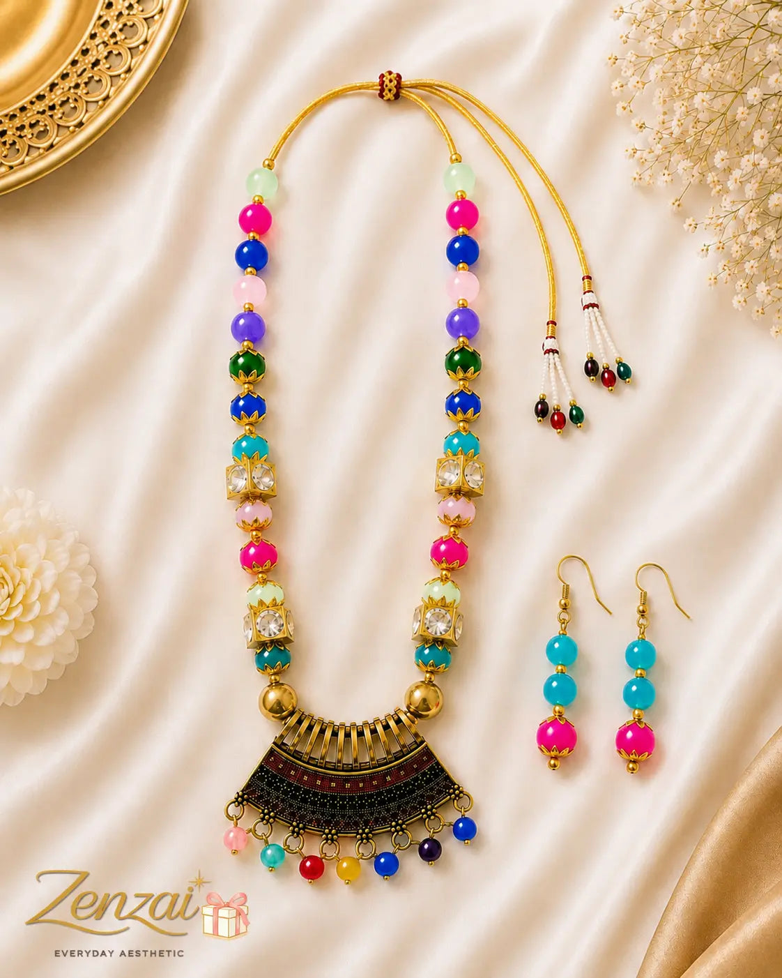 Zenzai Rajwadi Chand Pendant Set with Earrings  Multicolor Ethnic Jewelry for Women