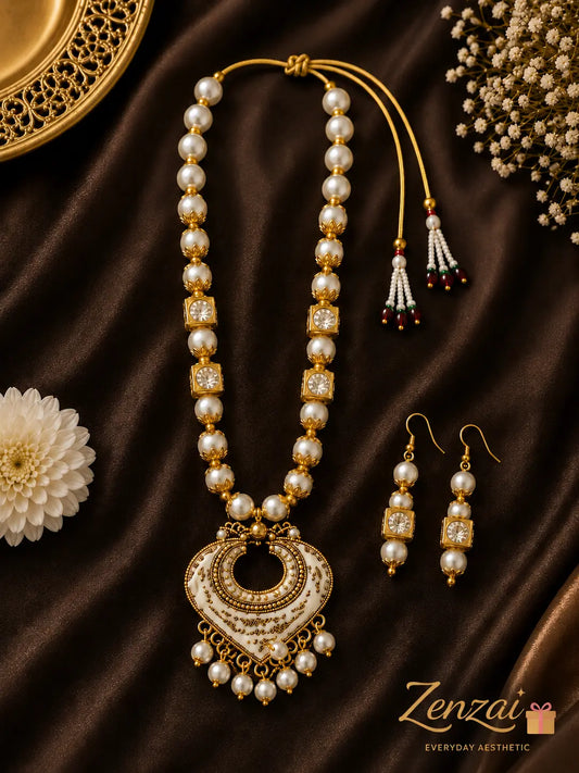 Zenzai Rajwadi Ivory Pearl Chand Set with Earrings