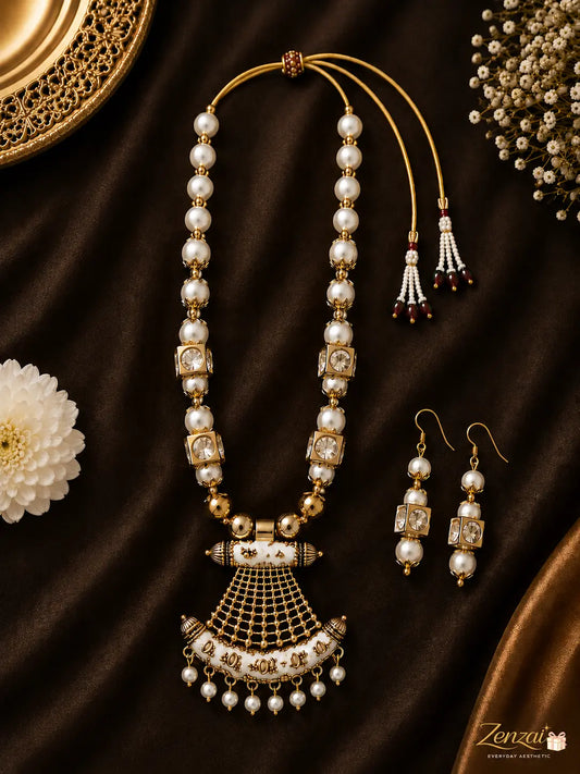 Zenzai Rajwadi Moti Chand Pendant Set with Earrings  Pearl Ethnic Jewelry for Women