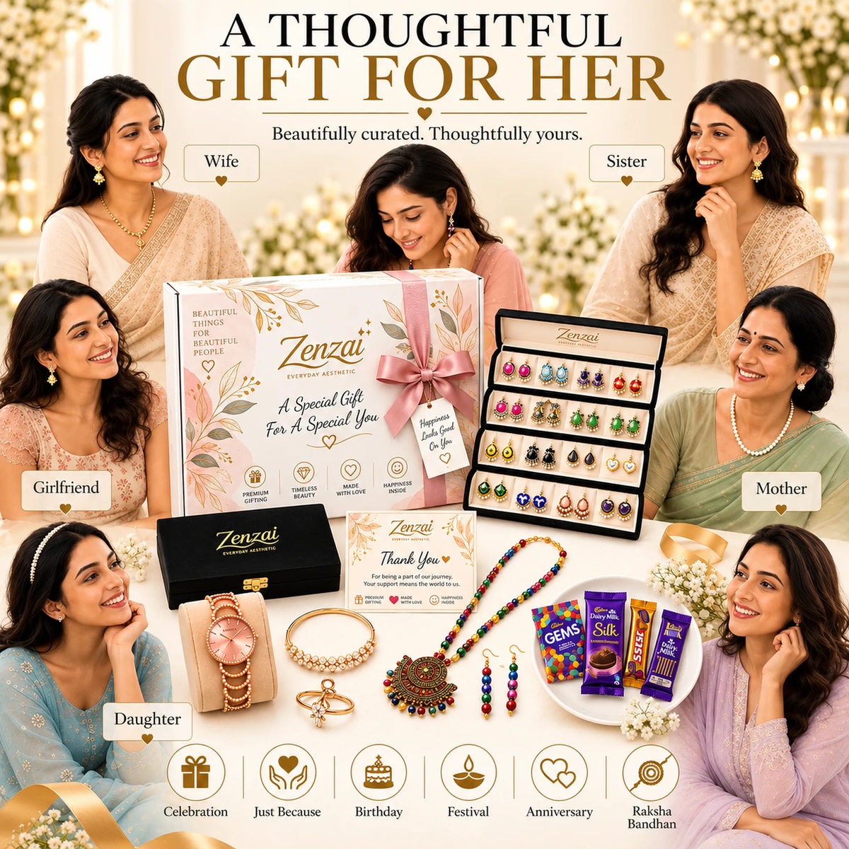 Zenzai Premium Gift Hamper for Mother, Wife, Sister or Girlfriend | Kashmiri Watch, Necklace, Kada, Earrings, Jhumka Box & Chocolates