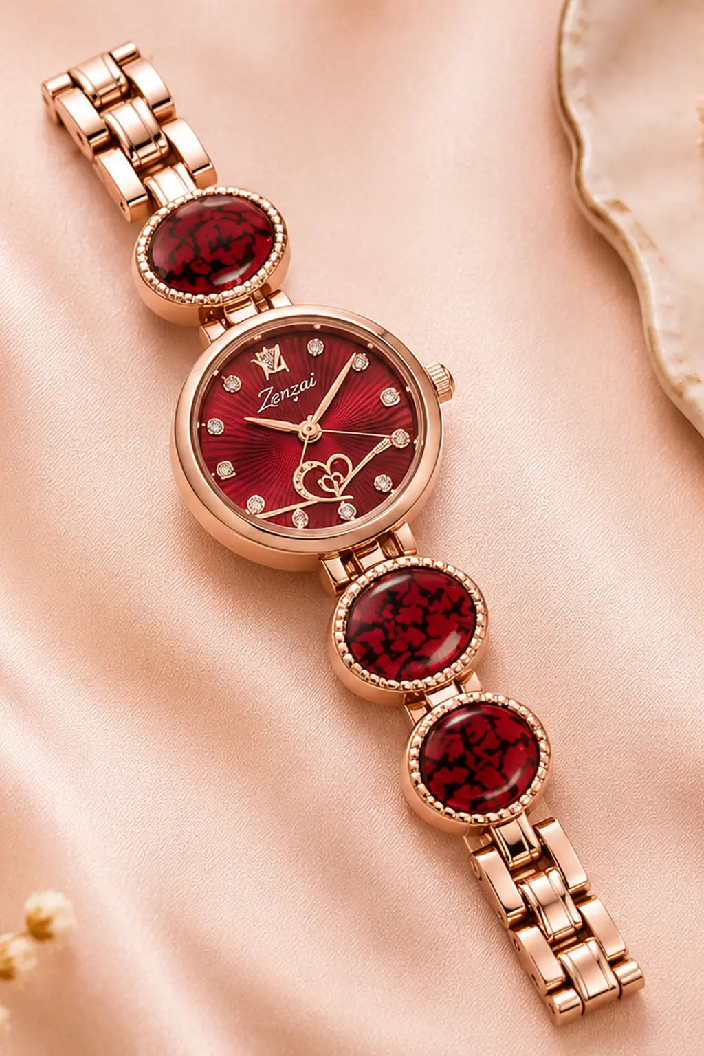 Zenzai Ruby Charm Bracelet Watch for Women | Rose Gold Analog Fashion Watch