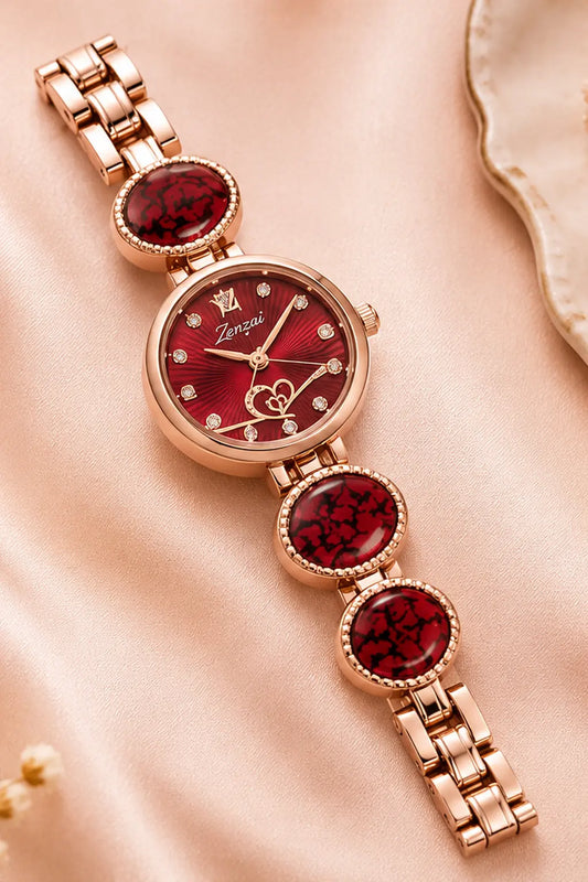 Zenzai Ruby Charm Bracelet Watch for Women | Rose Gold Analog Fashion Watch