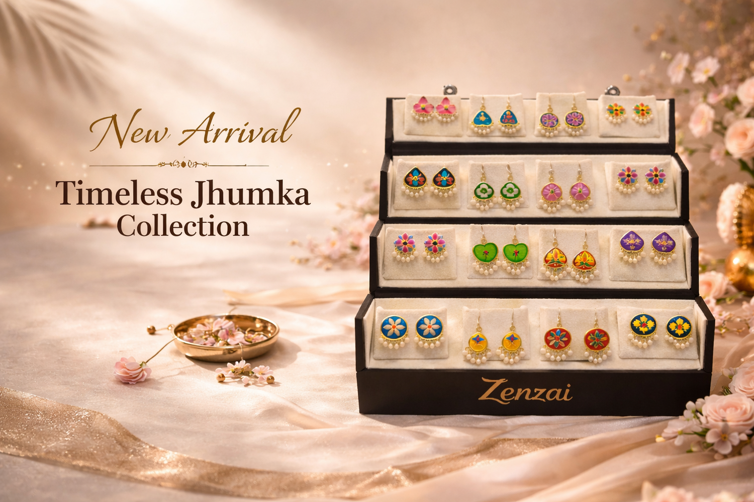 New Arrival Timeless Jhumka Collection by Zenzai featuring colorful handcrafted enamel jhumka earrings displayed on a luxury velvet stand gift box.