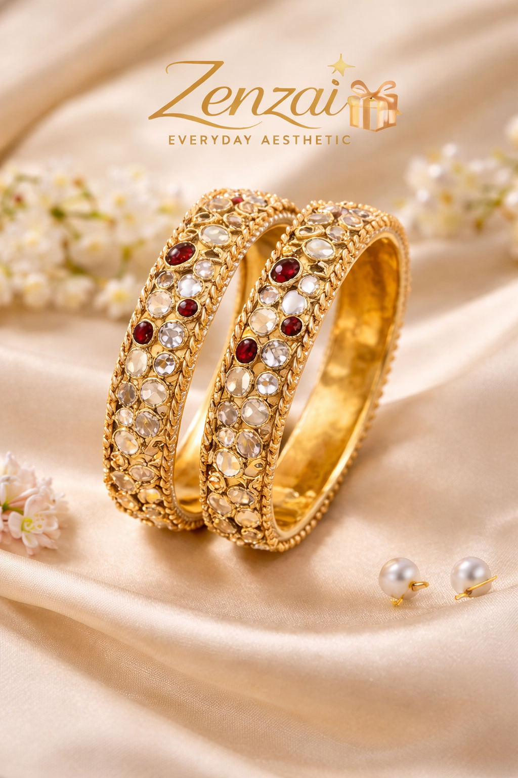Classic polki gold-tone bangles pair with ivory polki stones and ruby accents for bridal and festive occasions