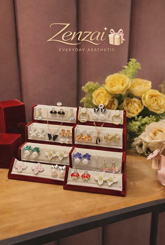 Zenzai Mini Jhumka Box with 8 pairs of elegant artificial jhumka earrings for everyday gifting.