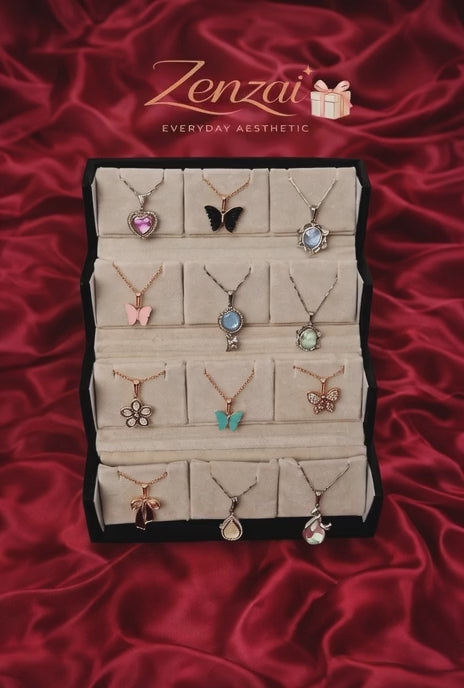 Premium Zenzai necklace gift box showcasing 12 artificial pendant necklaces in a velvet jewellery box, ideal for everyday styling and gifting.