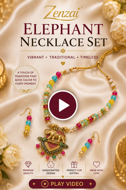 Zenzai Elephant Necklace Set video with colorful ethnic pendant and matching earrings.