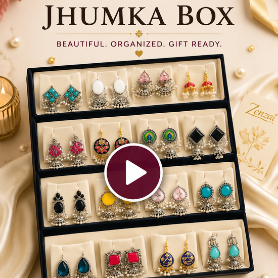 Zenzai 16 Pair Jhumka Organizer Box video with premium velvet earring storage and gift-ready design.