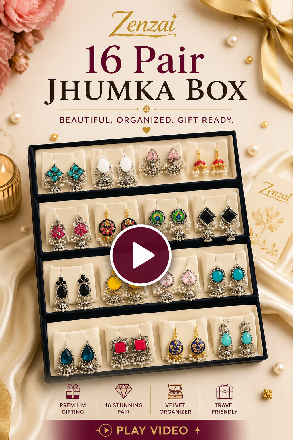 Zenzai 16 Pair Jhumka Organizer Box video with premium velvet earring storage and gift-ready design.