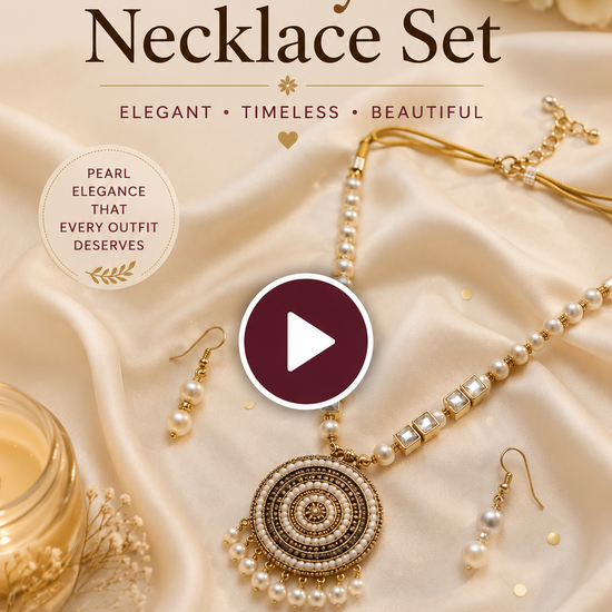 Zenzai Ivory Pearl Necklace Set video with matching earrings in elegant gold and pearl design.