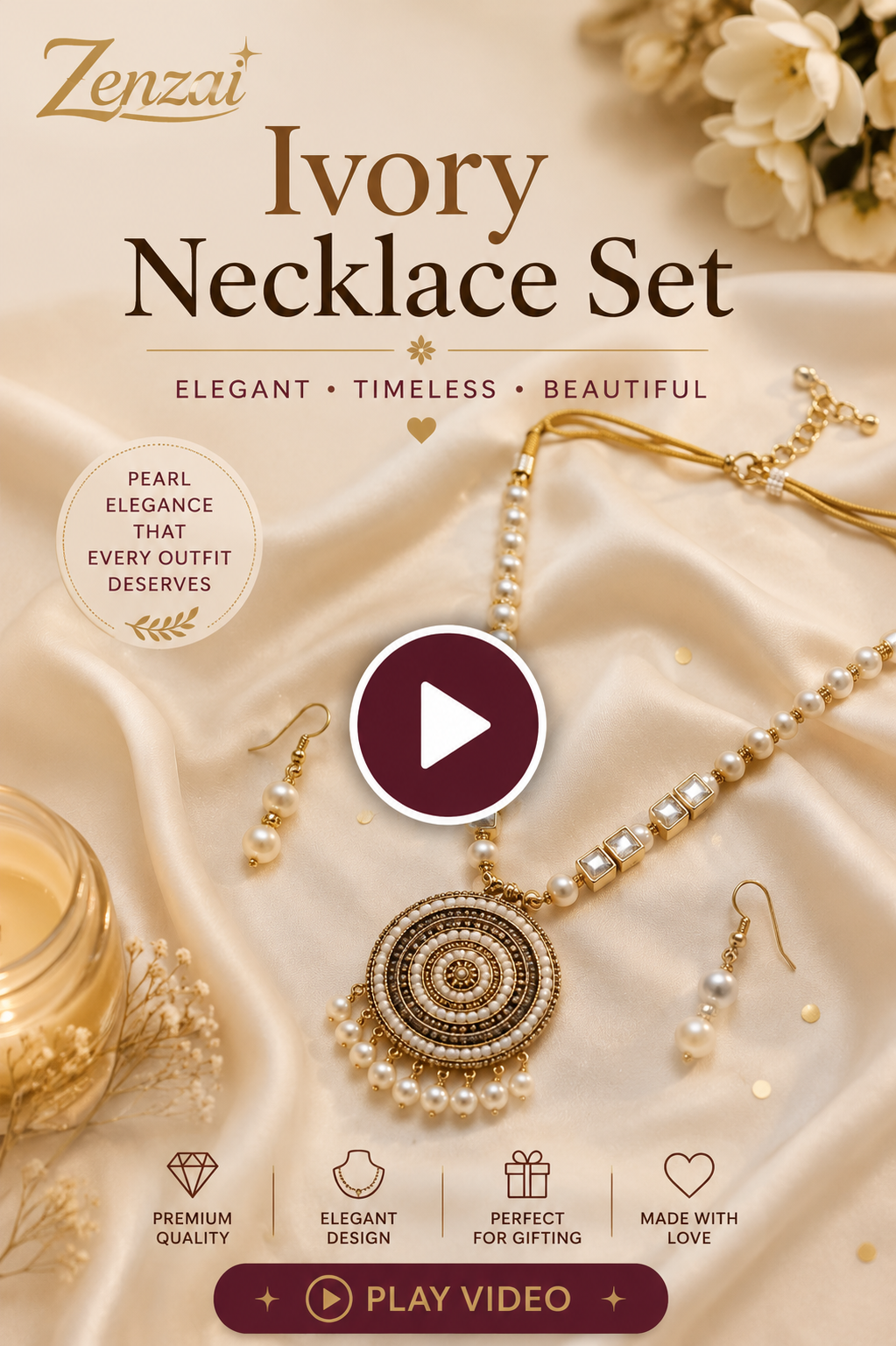 Zenzai Ivory Pearl Necklace Set video with matching earrings in elegant gold and pearl design.