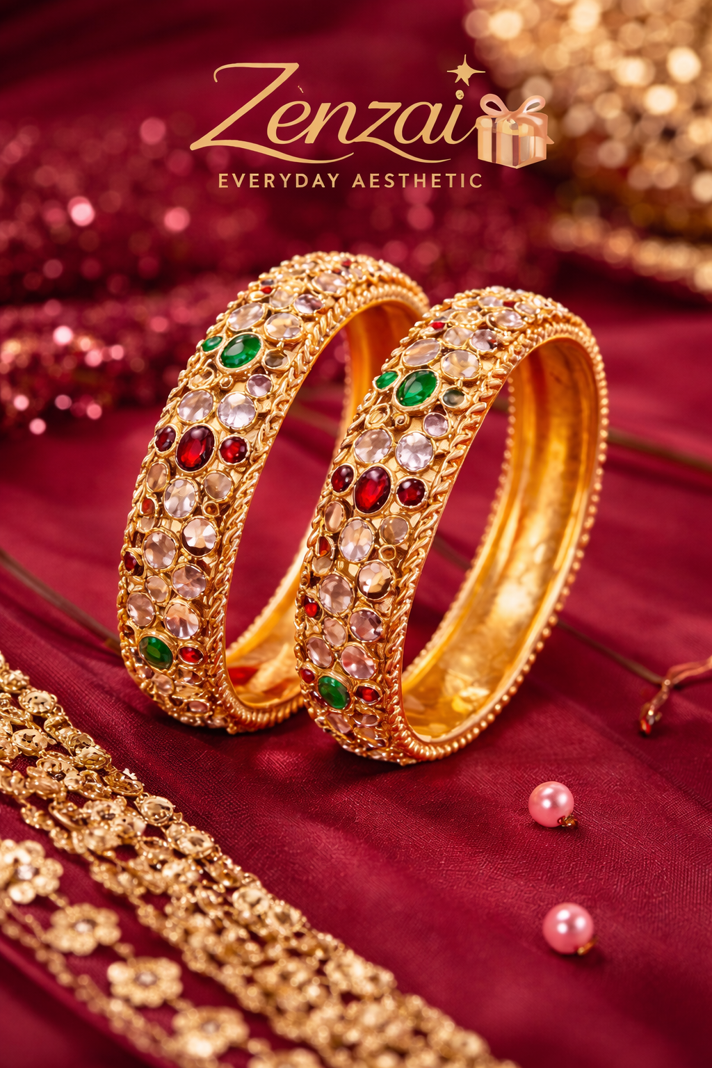 Royal multicolor kundan gold-tone bangles pair with red, green and champagne stones for festive and wedding wear