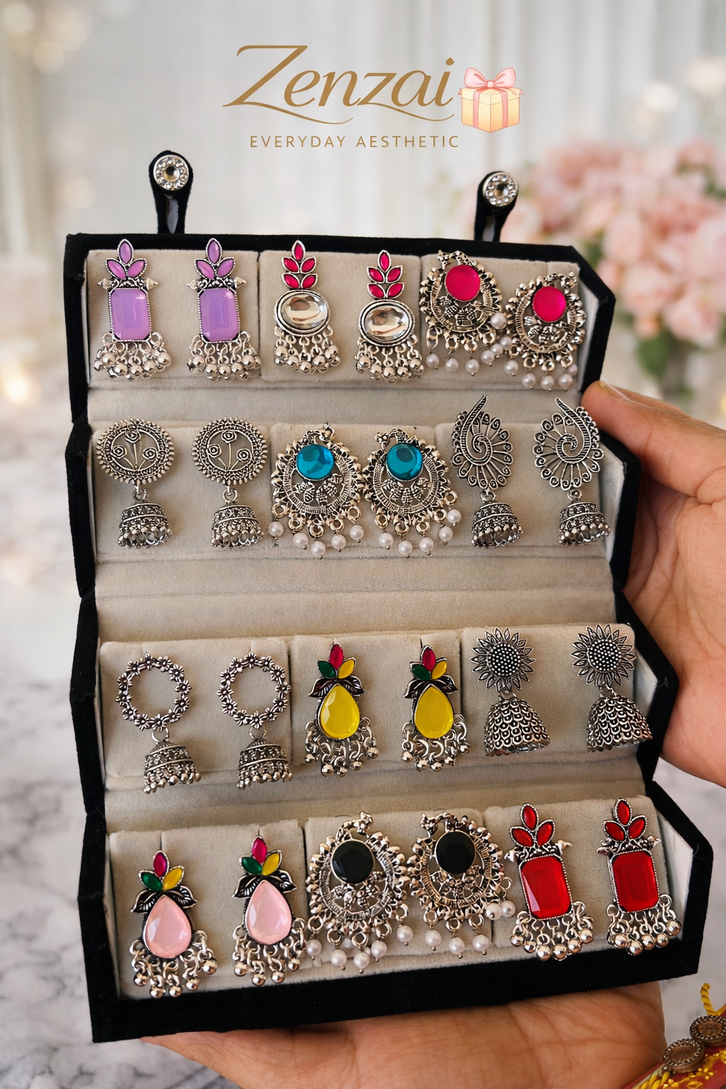 Zenzai 12 pair earrings gift box for women with handcrafted mini jhumka designs