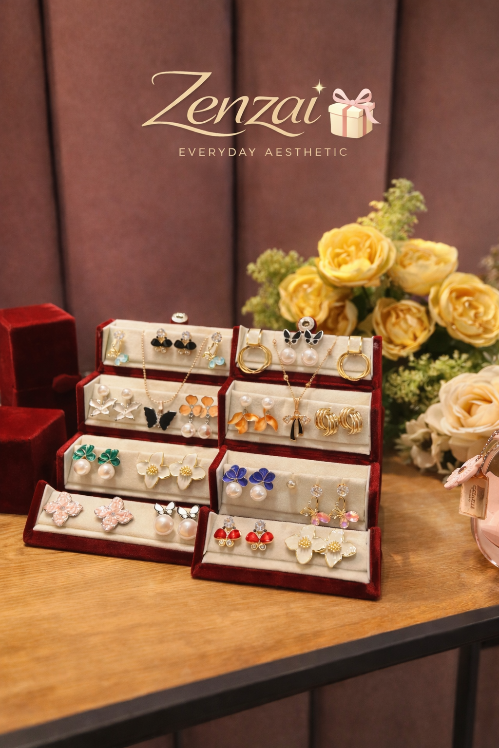 Zenzai Mini Jhumkha Gift Box featuring handcrafted enamel and pearl jhumka earrings arranged in red velvet boxes with soft luxury lighting